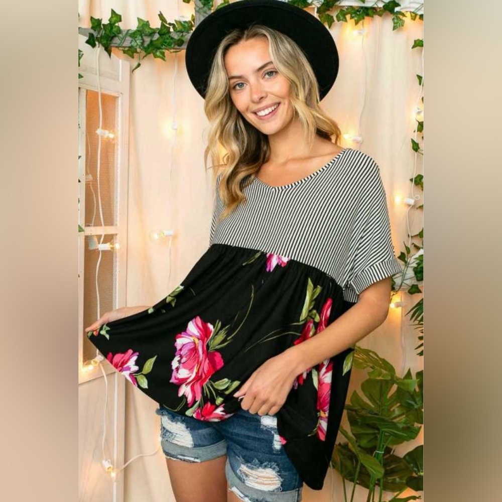 Luna Striped Floral Tee Top New Small